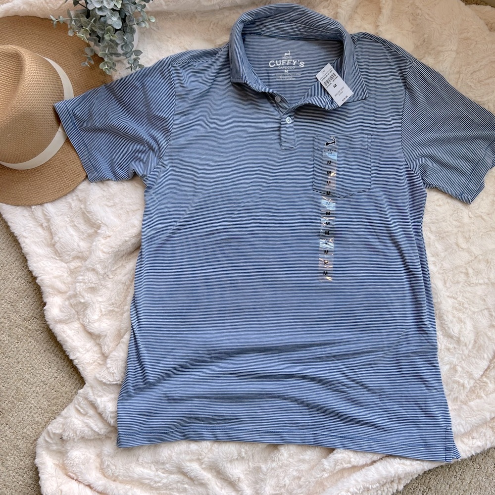 NWT Men’s lightweight blue and white striped jersey polo